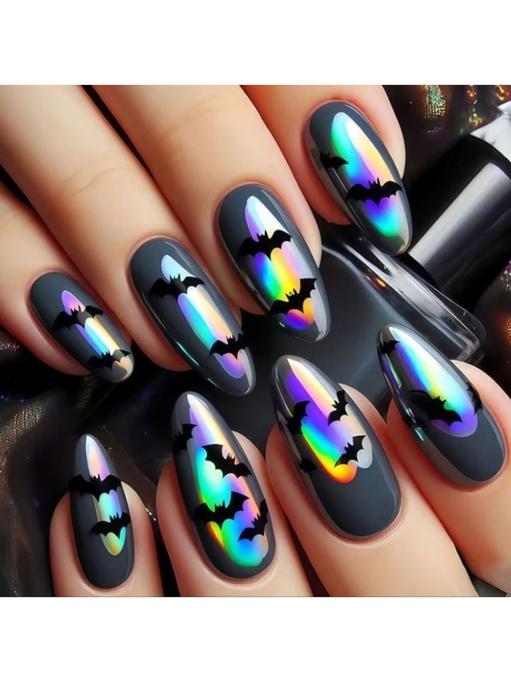 2/$10 Holographic Rainbow Bat False Nail Art Set on Matte Black